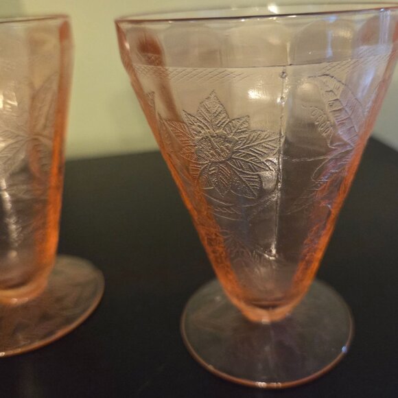 Lot of 3 Jeanette Depression Pink Floral Poinsettia 4" Footed Juice Glasses - Picture 2 of 7